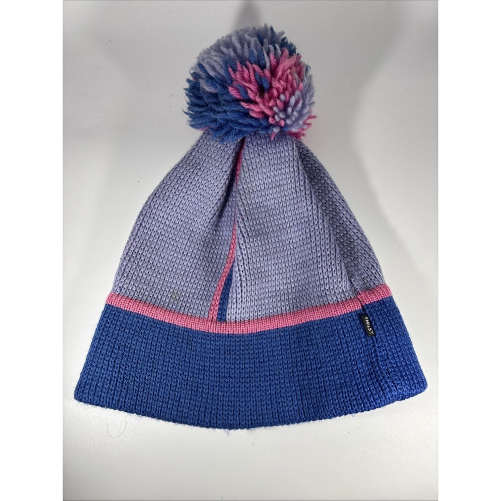 Smiley VTG 100% Wool Beanie Ski Pom Hat Blue Multicolored Snowboarding‎